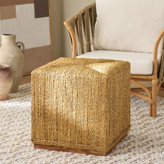Broome Woven Abaca Ottoman by HedgeApple Essentials in natural. Made from mahogany, abaca in a rustic style.