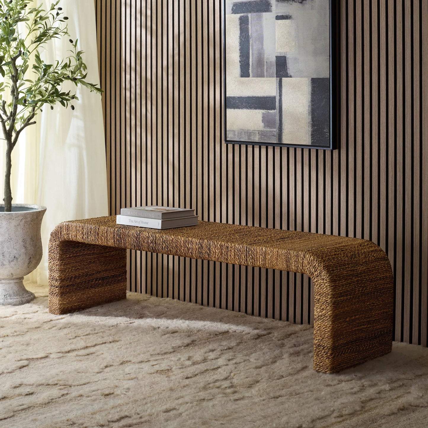 007 SI-2629831 | Lifestyle | Hackberry Woven Abaca Bench by HedgeApple Essentials in natural. Made from mahogany wood, plywood, woven abaca in a unique style.