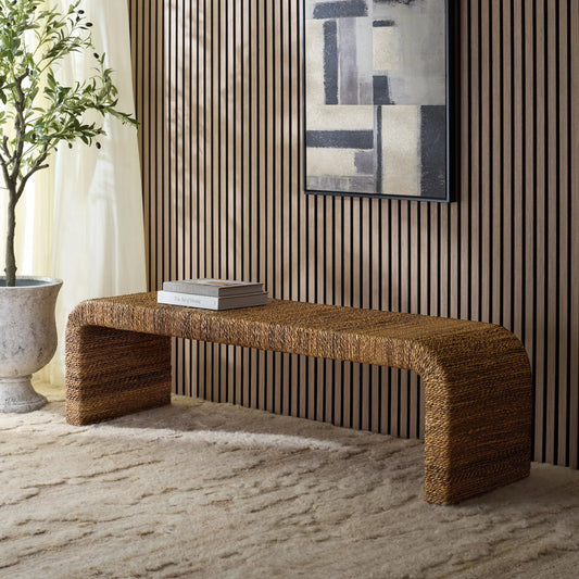 Hackberry Woven Abaca Bench by HedgeApple Essentials in natural. Made from mahogany wood, plywood, woven abaca in a unique style.