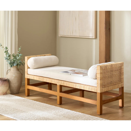 Montour Teak Bench by HedgeApple Essentials in natural, white. Made from sunkai wood, plywood, linen (65% cotton, 35% polyester), foam in a rustic style.