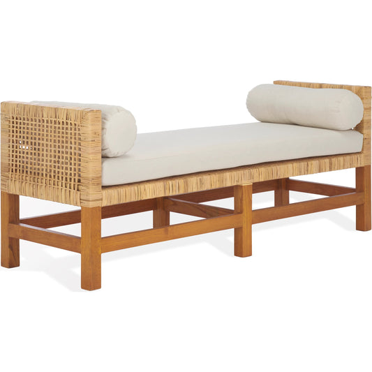 Montour Teak Bench by HedgeApple Essentials in natural, white. Made from sunkai wood, plywood, linen (65% cotton, 35% polyester), foam in a rustic style.
