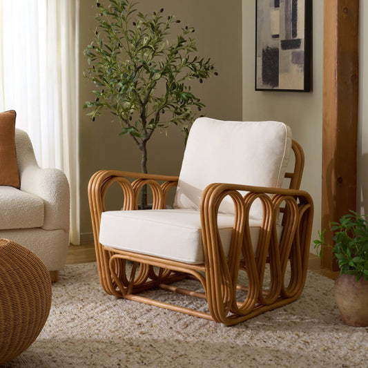 Otsego Rattan Pole Accent Chair by HedgeApple Essentials in natural, white. Made from linen (65% cotton, 35% polyester), foam in a unique style.
