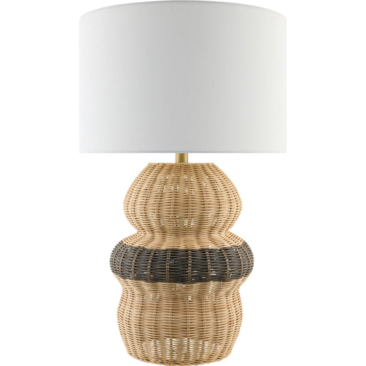Caylus Accent Table Lamp by Livabliss in body: beige; shade: white; finial: metallic - brass; harp: metallic - brass; cord: translucent and natural, plated. Made from rattan, linen, polyester, iron in a rustic style.