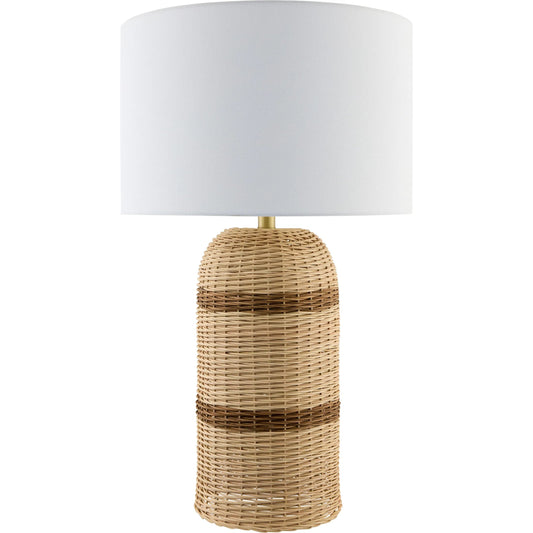 Caylus Accent Table Lamp by Livabliss in body: beige; shade: white; finial: metallic - brass; harp: metallic - brass; cord: translucent and natural, plated. Made from rattan, linen, polyester, iron in a rustic style.