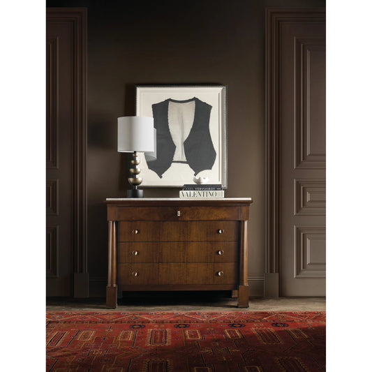 Archives Four-Drawer Chest by Hooker Furniture in dark wood and classic walnut. Made from figured quartered walnut veneer, walnut swirl, oak veneer, cedar, castle grey marble in a traditional style.