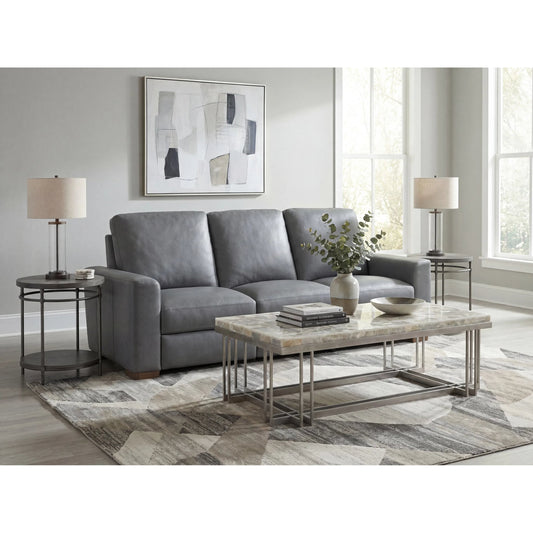 Optimus Three Seat Sofa by Hooker Furniture in grey and dark wood. Made from semi-aniline top grain leather, leather in a unique style.
