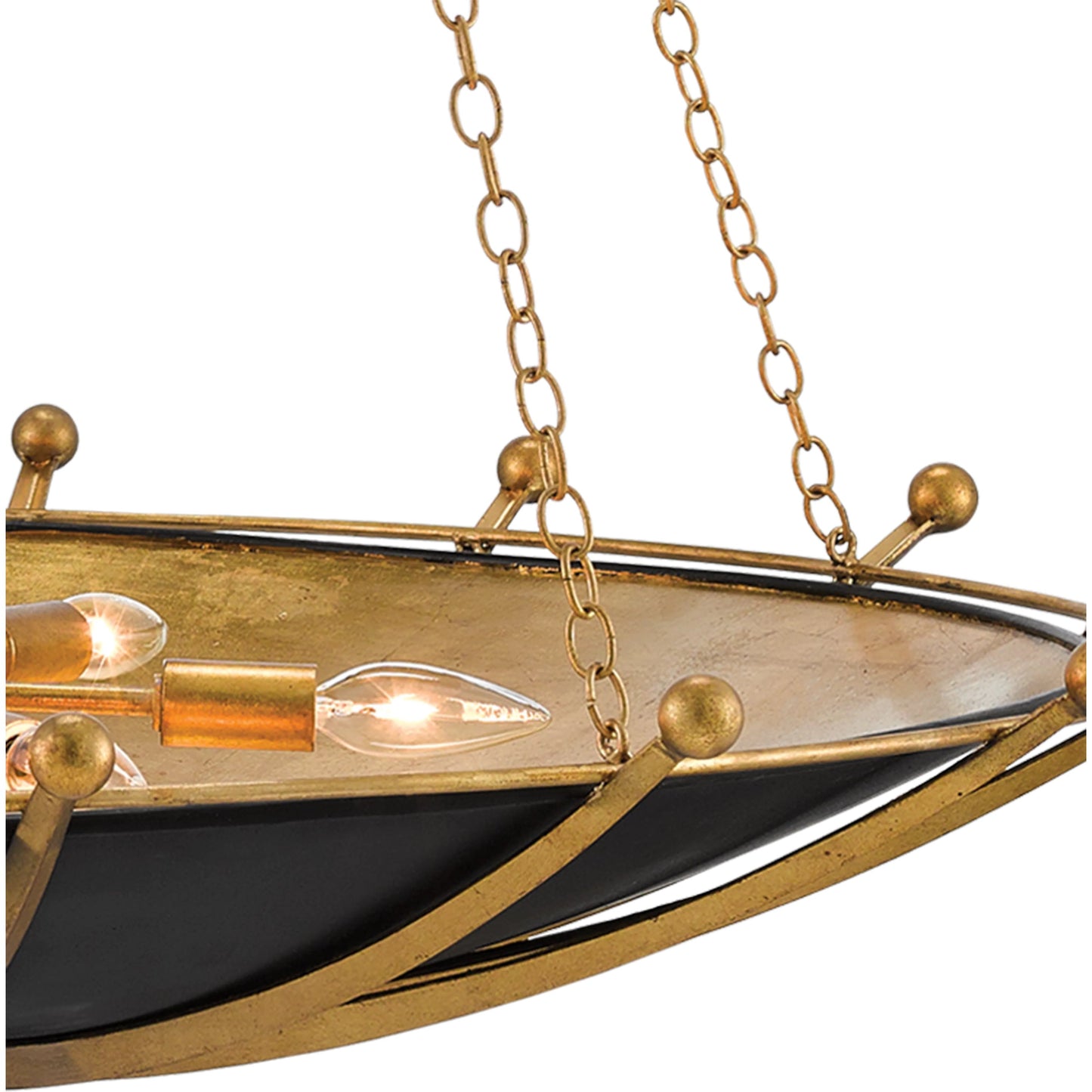 004 S-291205 | Closeup | Fontaine Chandelier by Currey and Company in antique gold leaf, contemporary gold leaf, satin black. Made from wrought iron in a transitional style.