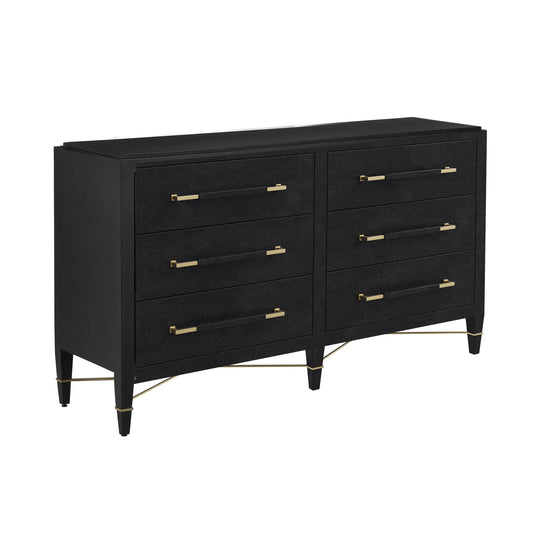 001 SI-2387177 | Primary Silo | Verona Six-Drawer Chest by Currey and Company in black, natural, champagne, silver. Made from lacquered linen, mahogany, engineered wood, metal, faux velvet in a modern style.