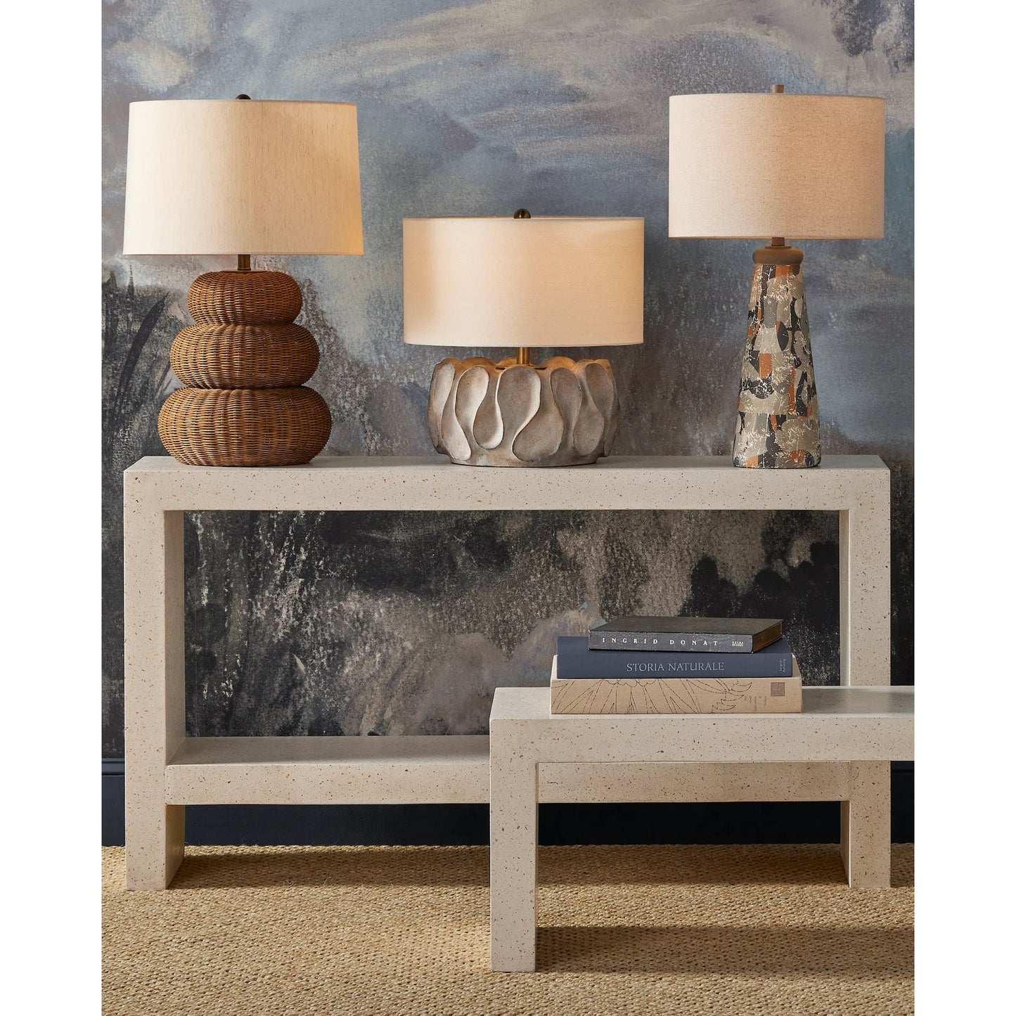 008 SI-2257240 | Lifestyle | Carson Console Table by Currey and Company in ivory terrazzo. Made from fiber concrete, stone, shell in a transitional style.
