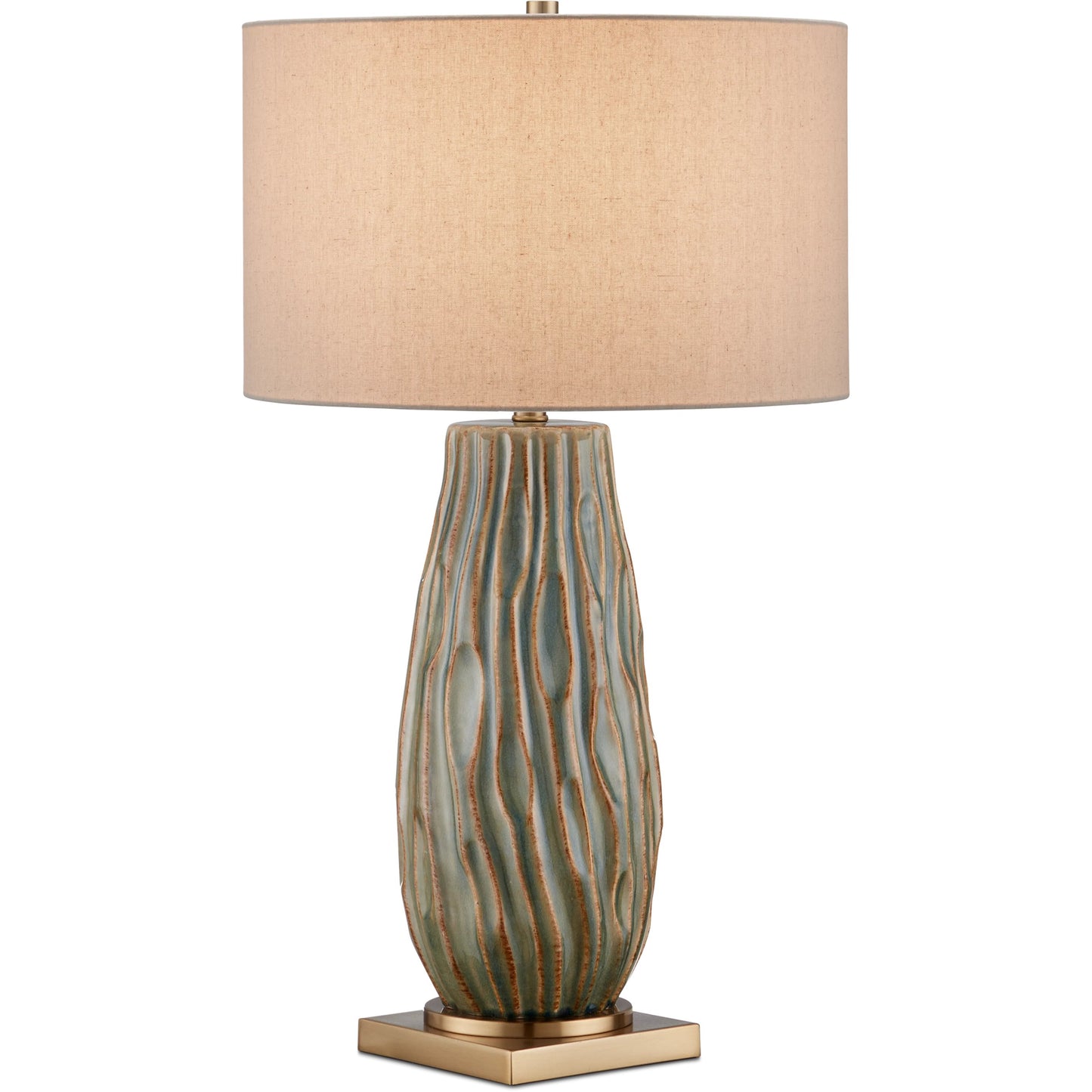 001 SI-2191872 | Primary Silo | Water-Borne Table Lamp by Currey and Company in forest reactive, antique brass. Made from ceramic, metal in a modern style.