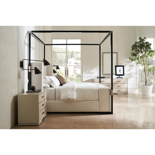 Shelter Me Queen Bed by Caracole in ivory and almost black. Made from poplar in a transitional style.