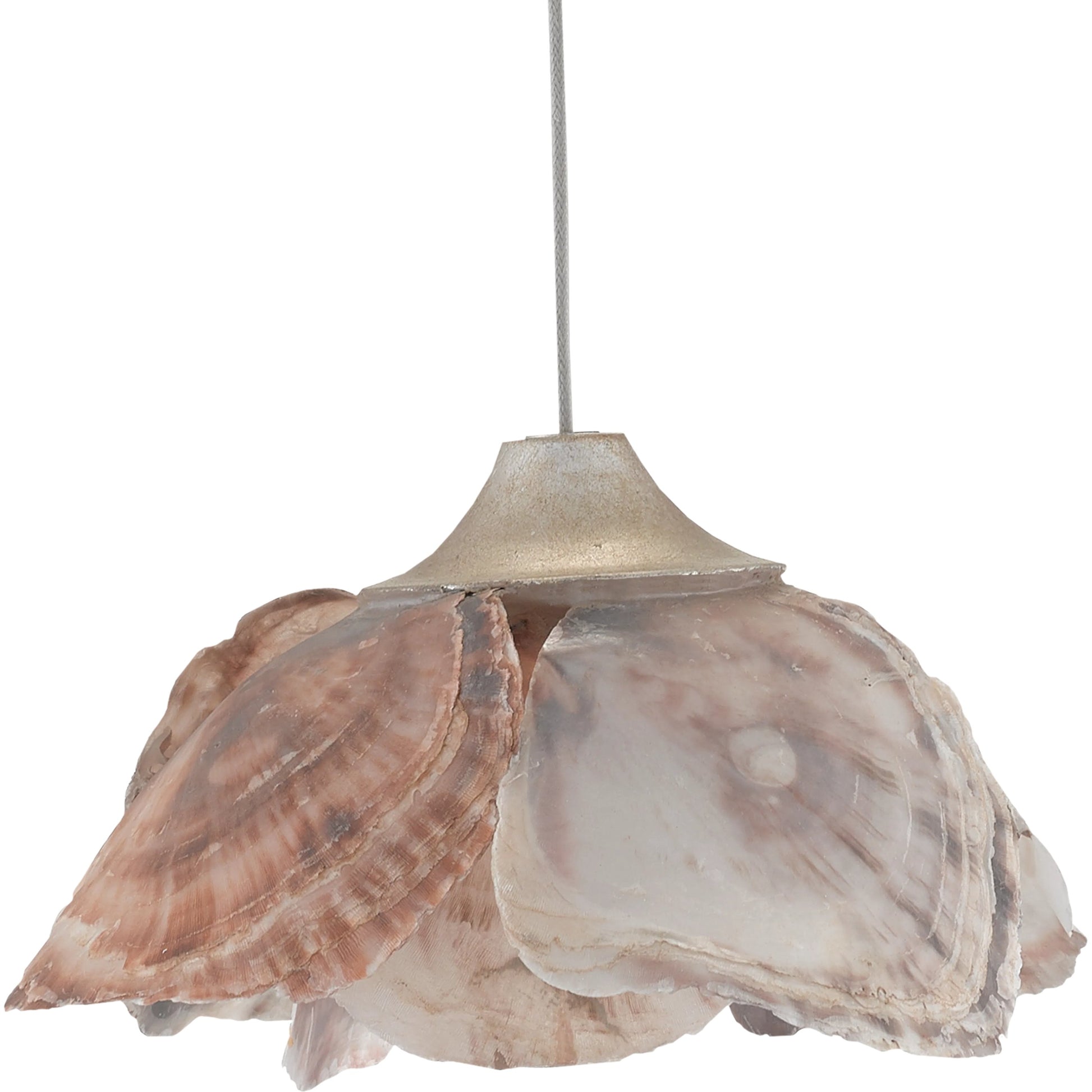 Catrice Pendant by Currey and Company in painted silver, contemporary silver leaf, natural shell. Made from capiz shell, wrought iron in a coastal style.
