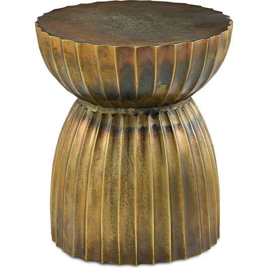 Rasi Table/Stool by Currey and Company in antique brass. Made from cast aluminum in a modern style.