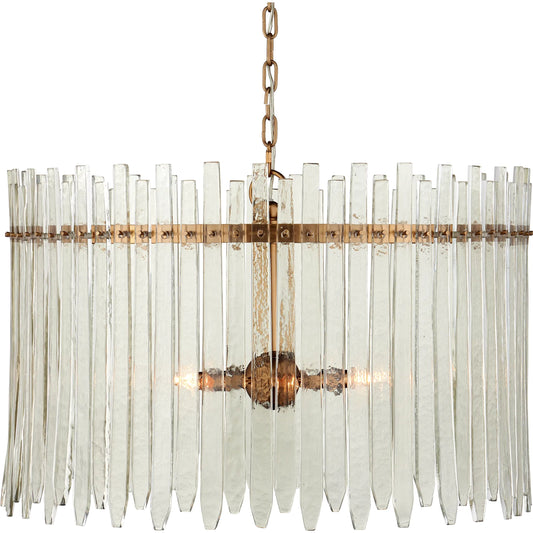 Electra Chandelier by Currey and Company in clear, antique brass. Made from glass, iron in a modern style.