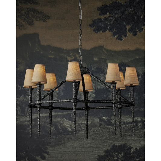 Blackthorn Chandelier by Currey and Company in aged bronze. Made from cast aluminum in a modern style.