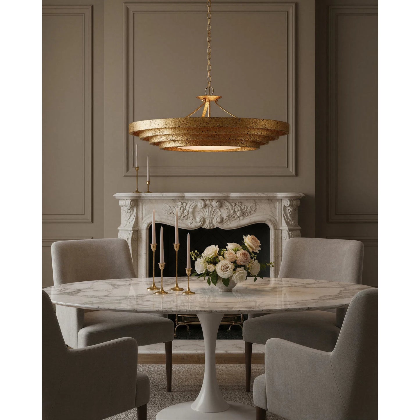014 S-223653 | Lifestyle | Belle Chandelier by Currey and Company in gold leaf, white. Made from wrought iron, glass in a modern style.