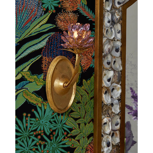 Marilee Single-Light Wall Sconce by Currey and Company in pink, dutch gold leaf. Made from crystal, wrought iron in a eclectic & global style.