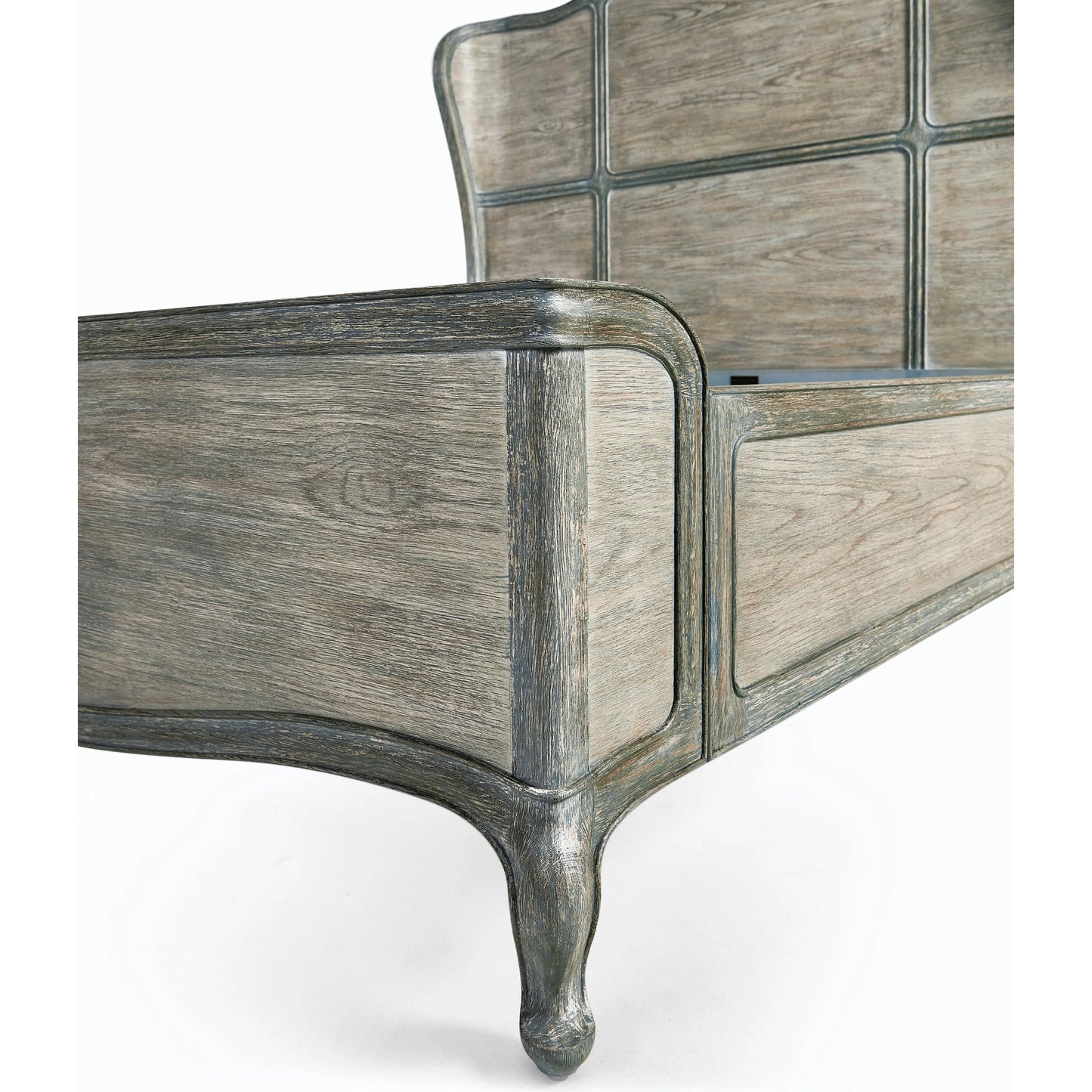 008 SI-2186334 | Closeup | Arlingham King Shelter Bed by Jonathan Charles in blue and chipped blue oak. Made from oak solids, veneers in a modern style.