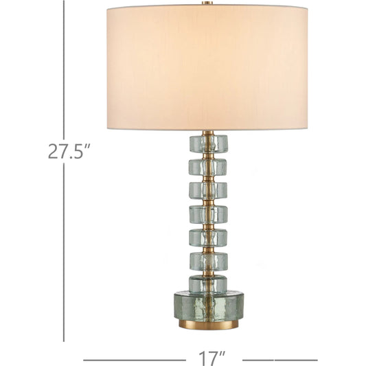 Mystras Table Lamp by Currey and Company in clear, antique brass. Made from cast glass, iron in a modern style.