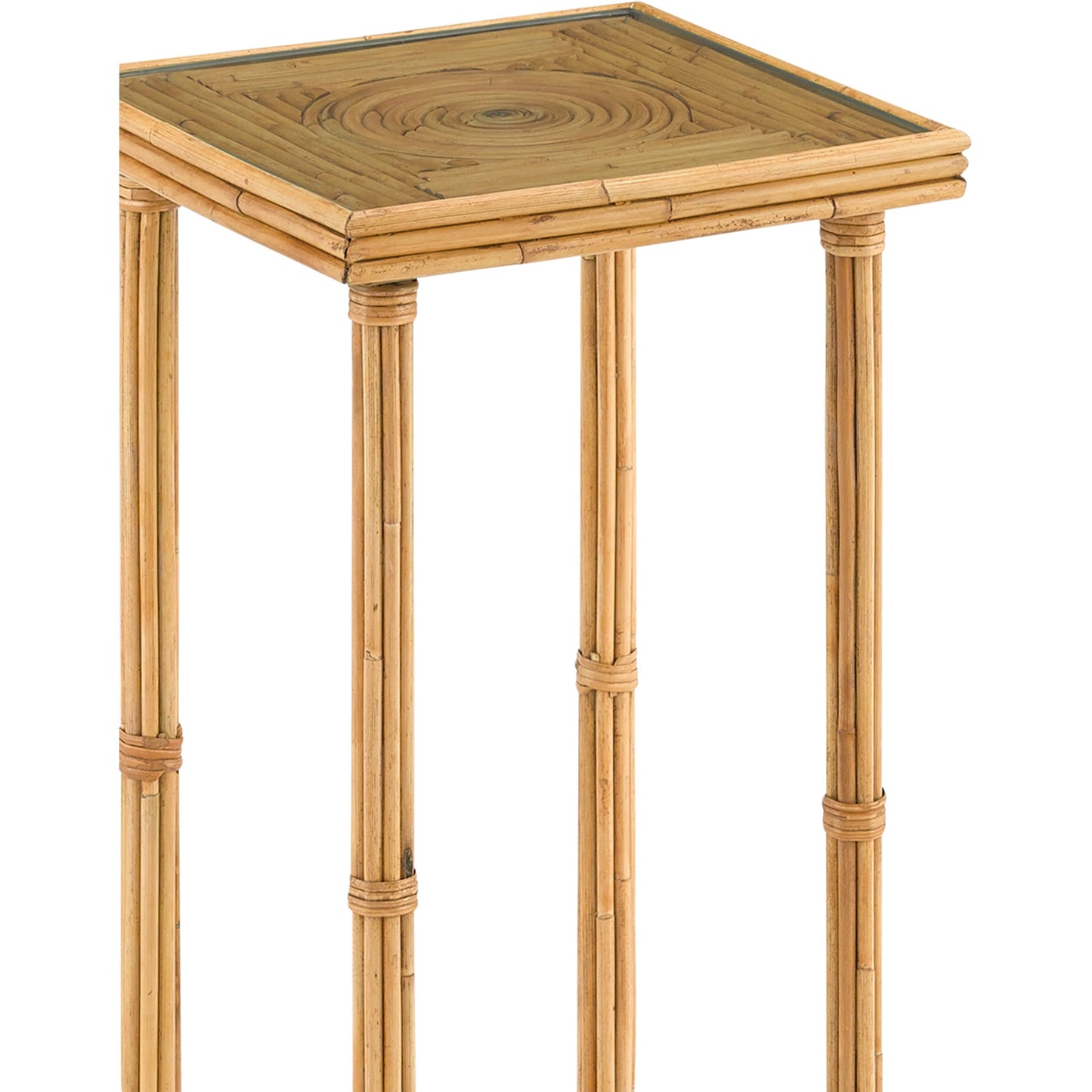 004 SR-823767 | Closeup | Silang Drinks Table by Currey and Company in natural rattan, clear. Made from rattan, wrought iron, glass in a transitional style.