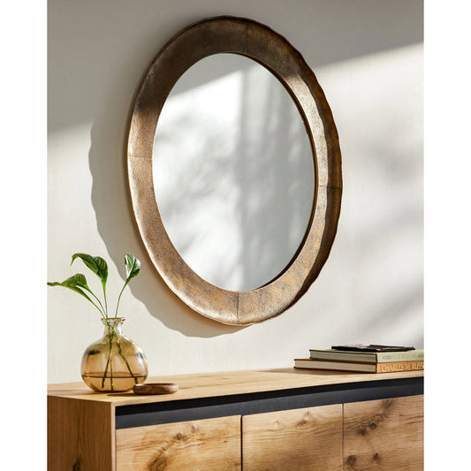 Danica Round Accent Mirror by Surya in gold and antiqued gold. Made from iron in a modern style.