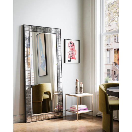 Oblique Marble Side Table by Currey and Company in natural, antique brass. Made from white lilac marble, iron, engineered wood in a modern style.