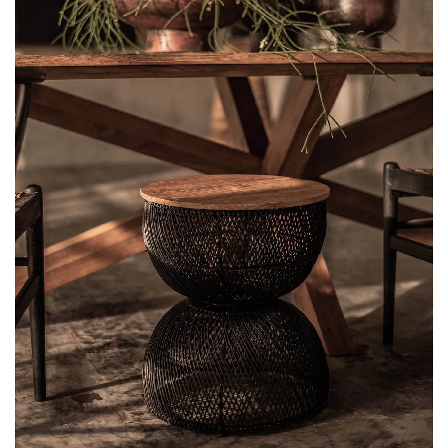 011 SI-2004234 | Lifestyle | D-Bodhi Wave Side Table by LH Imports. Made from reclaimed teak, rattan, reclaimed iron in a cottage & farmhouse style.