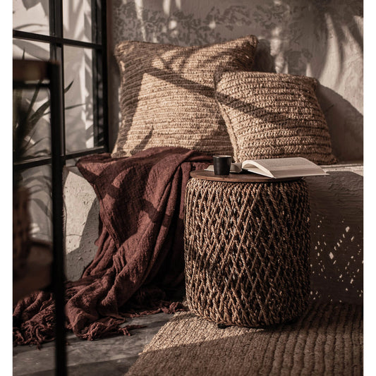 D-Bodhi Knut Side Table by LH Imports. Made from reclaimed teak, handwoven abaca, reclaimed iron in a cottage & farmhouse style.