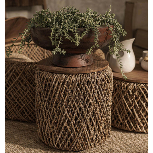 D-Bodhi Knut Side Table by LH Imports. Made from reclaimed teak, handwoven abaca, reclaimed iron in a cottage & farmhouse style.