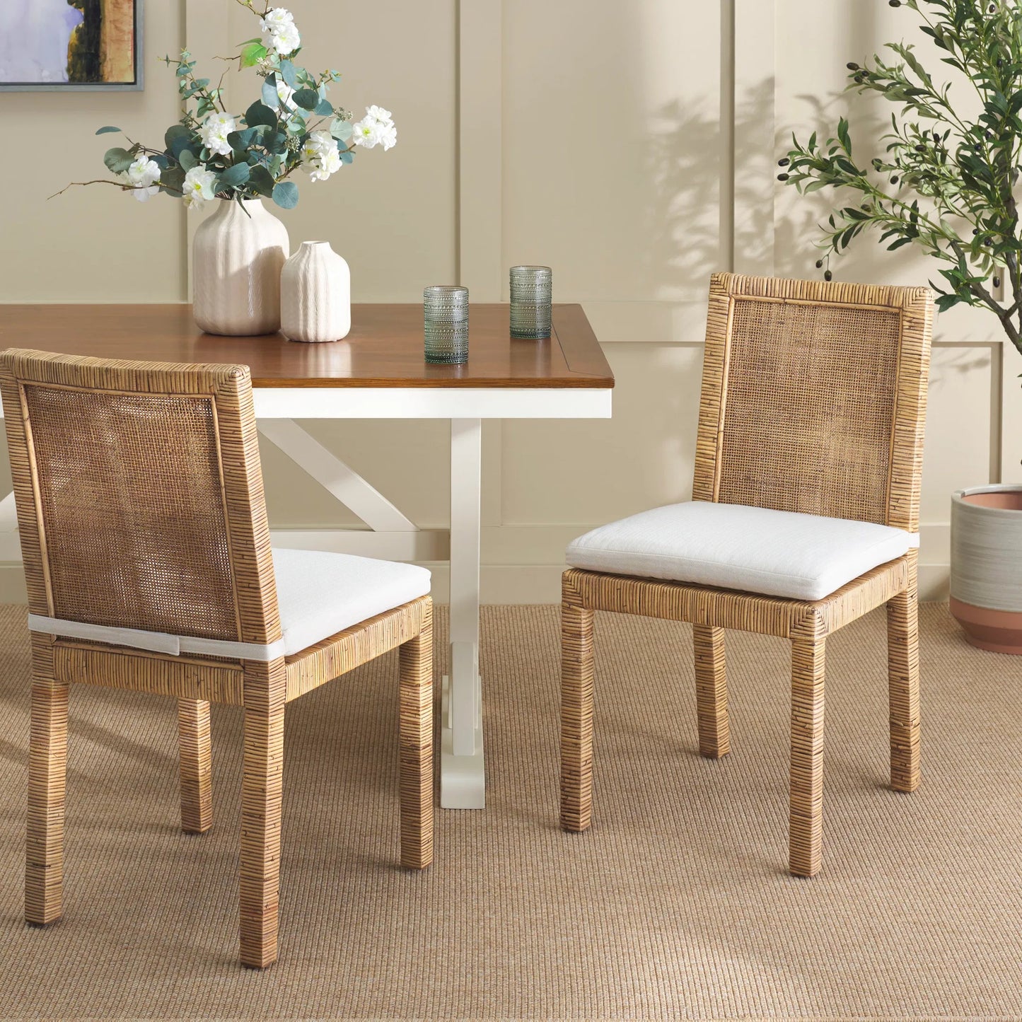 010 SI-2629847 | Lifestyle | Rapides Cane Dining Chair with Cushion (Set of 2) by HedgeApple Essentials in honey brown wash. Made from mango wood, rattan, cotton foam in a unique style.