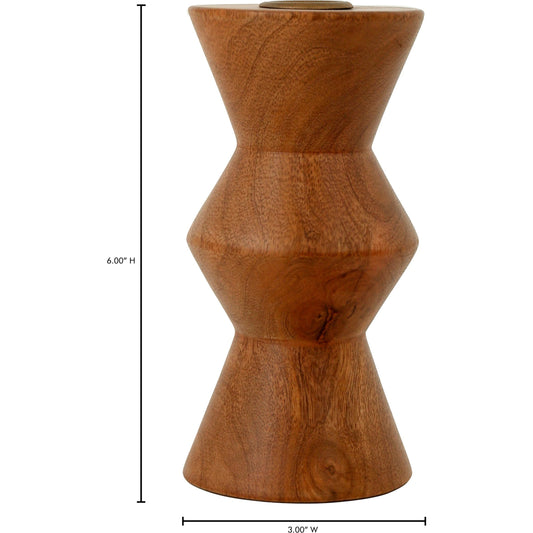 Sequence Wooden Candle Holder by Moe's Home Collection in brown. Made from mango wood, antique metal cup in a modern style.