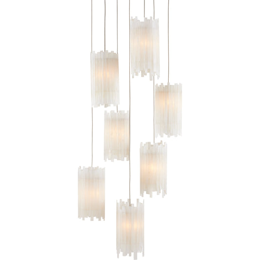 Escenia 7-Light Multi-Drop Pendant by Currey and Company in natural selenite, silver. Made from selenite, frosted glass in a transitional style.