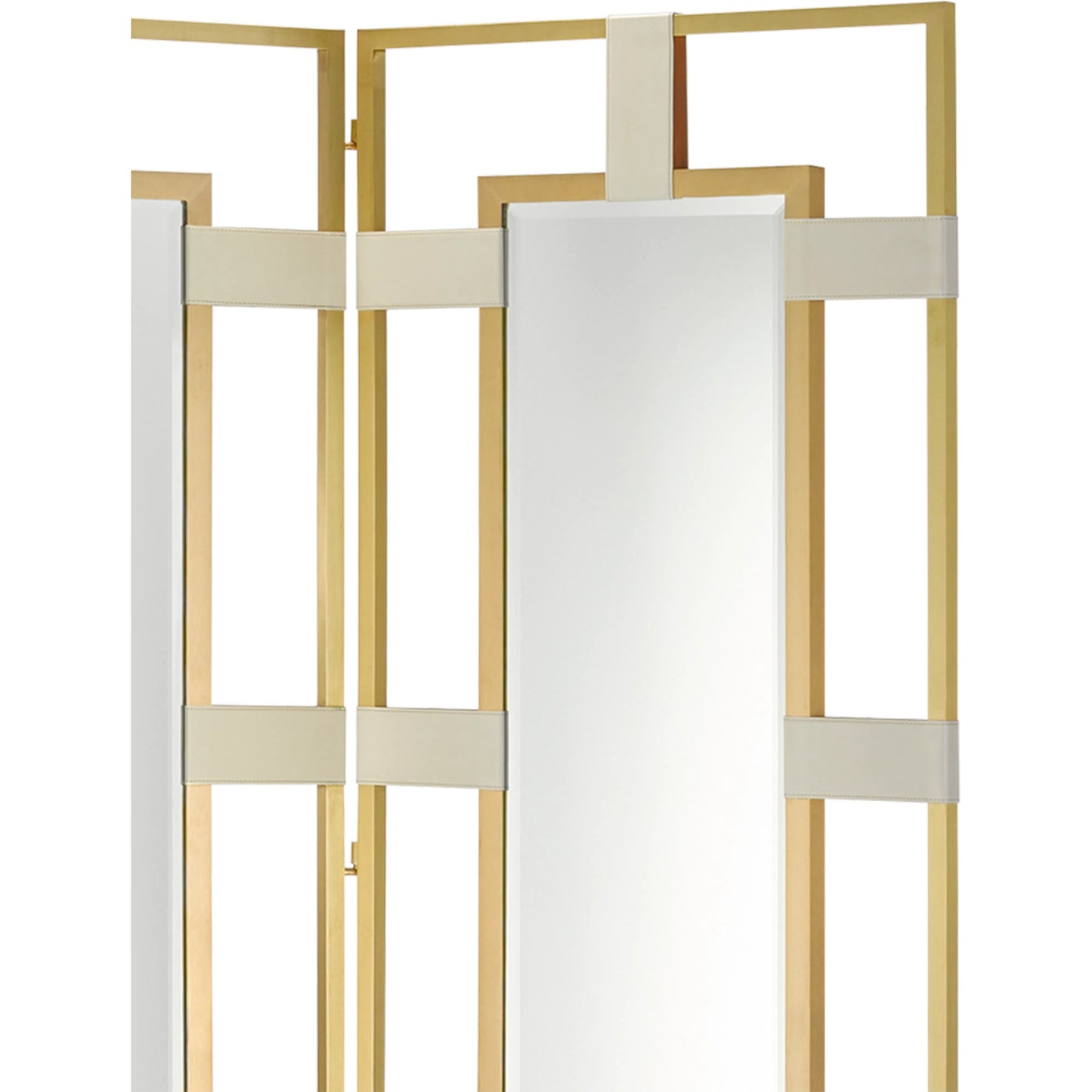 003 SR-823520 | Closeup | Camille Screen by Currey and Company in cream, brushed brass, mirror. Made from leather, brass, wood, glass in a transitional style.