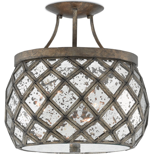 001 S-224022 | Primary Silo | Buckminster Semi-Flush Mount by Currey and Company in pyrite bronze, raj mirror. Made from wrought iron, glass in a transitional style.