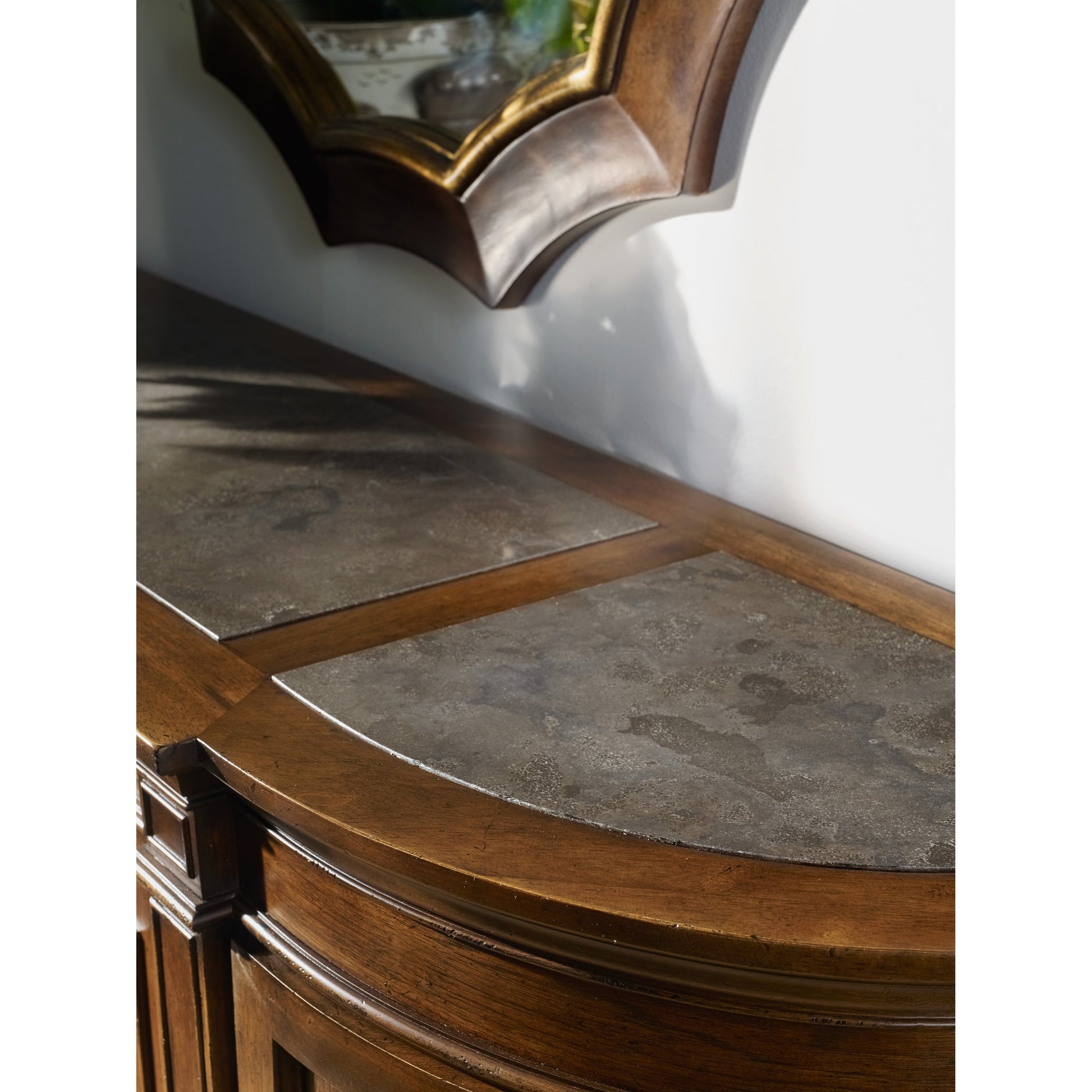 Archivist Sideboard by Hooker Furniture in pecan. Made from pecky pecan veneers, blue stone in a traditional style.