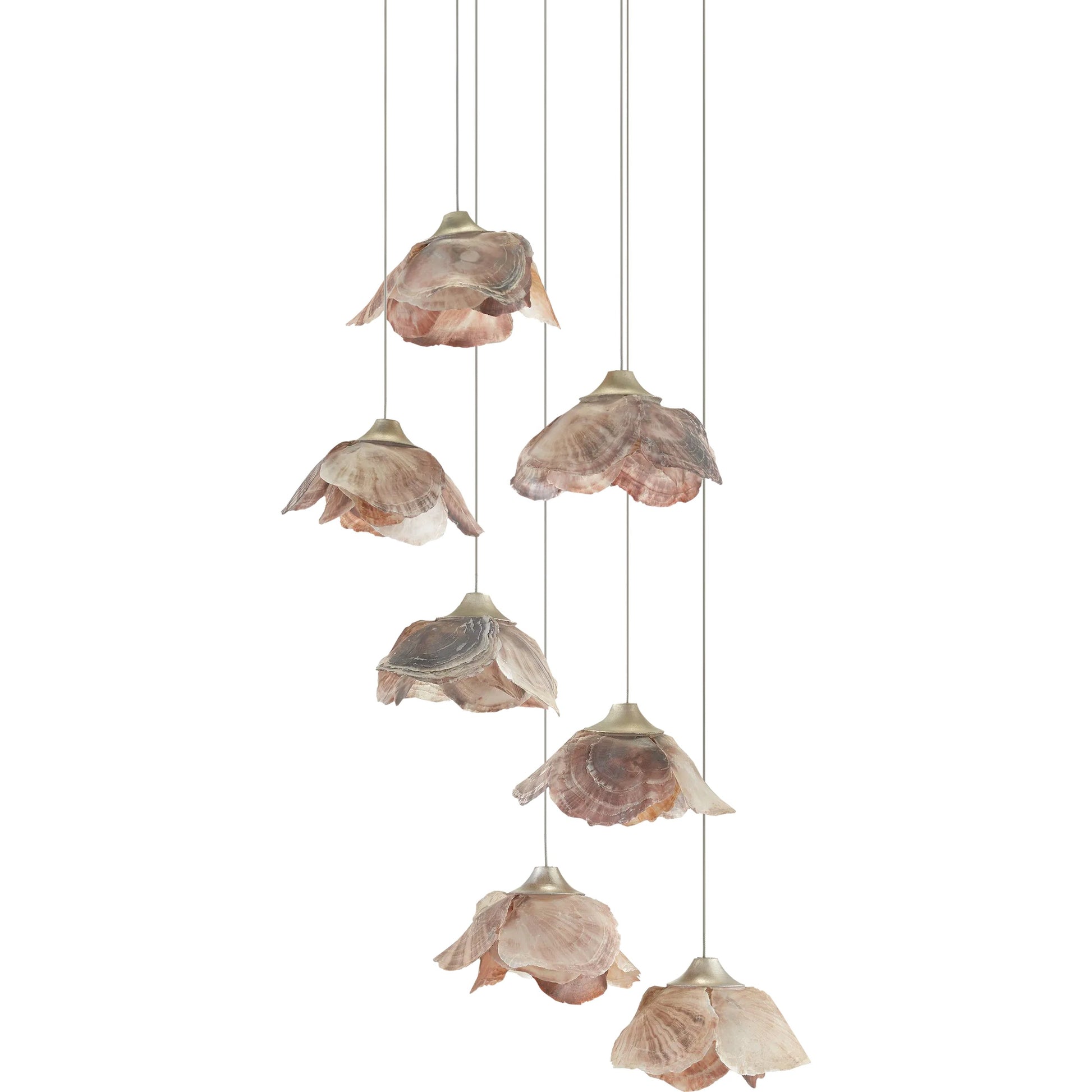 Catrice Pendant by Currey and Company in painted silver, contemporary silver leaf, natural shell. Made from capiz shell, wrought iron in a coastal style.