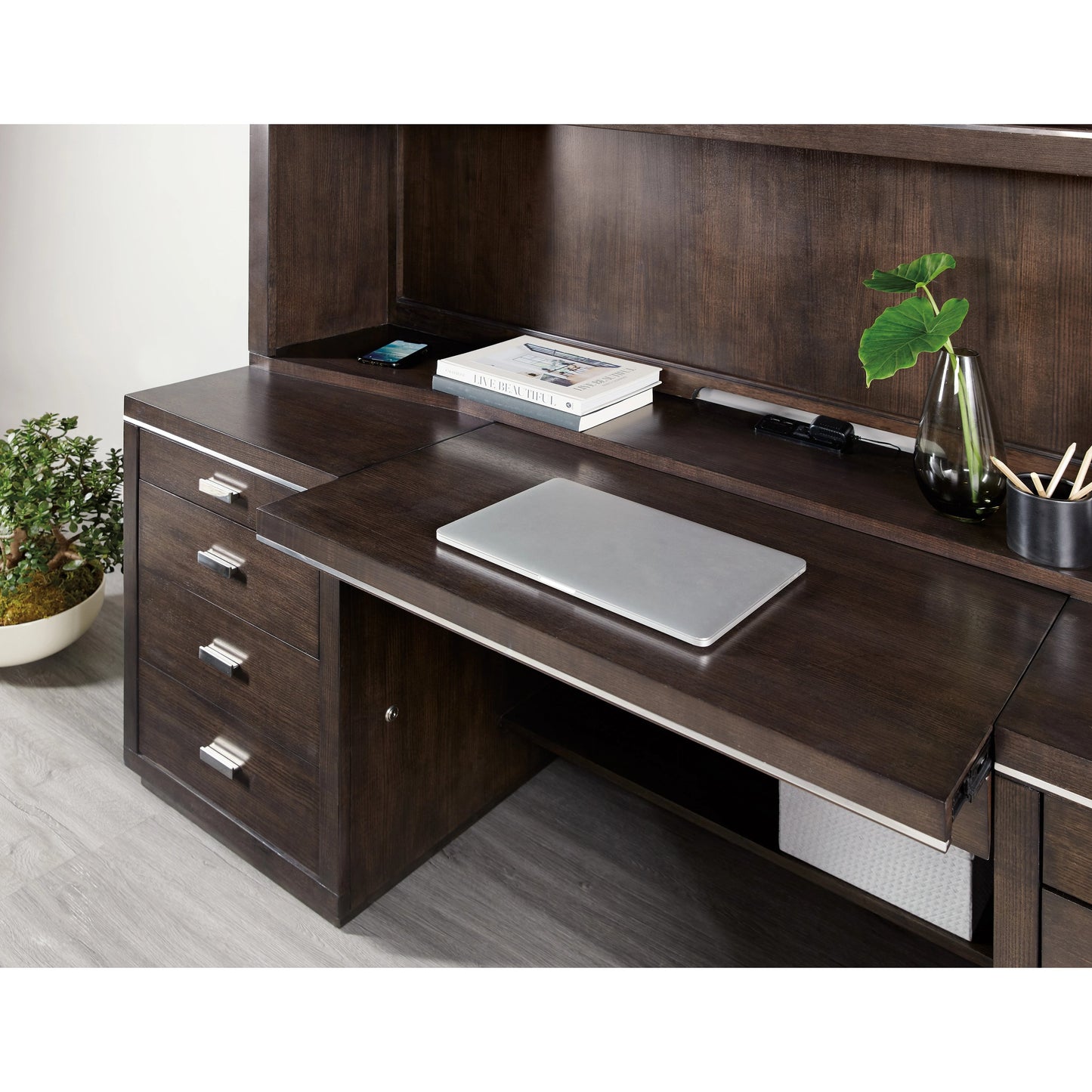 010 SI-1748971 | Lifestyle | House Blend Computer Credenza by Hooker Furniture in dark roast. Made from quartered ash veneers, metal in a unique style.