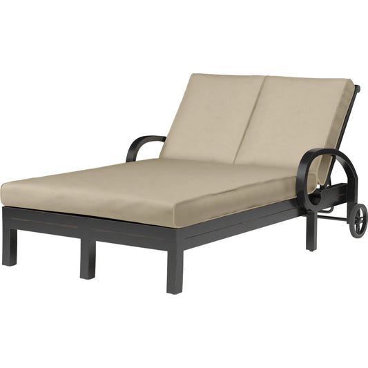 Monterey Outdoor Double Chaise in Linen Stone w/ Selt Welt by Sunset West in coppers. Made from aluminum in a cottage & farmhouse style.