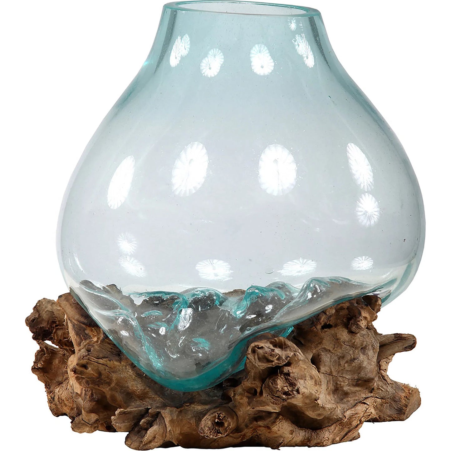 001 SI-2350452 | Primary Silo | Boaz Glass Bowl by Arch & Plane in natural wood, transparent aqua glass. Made from glass on teak wood base in a modern style.