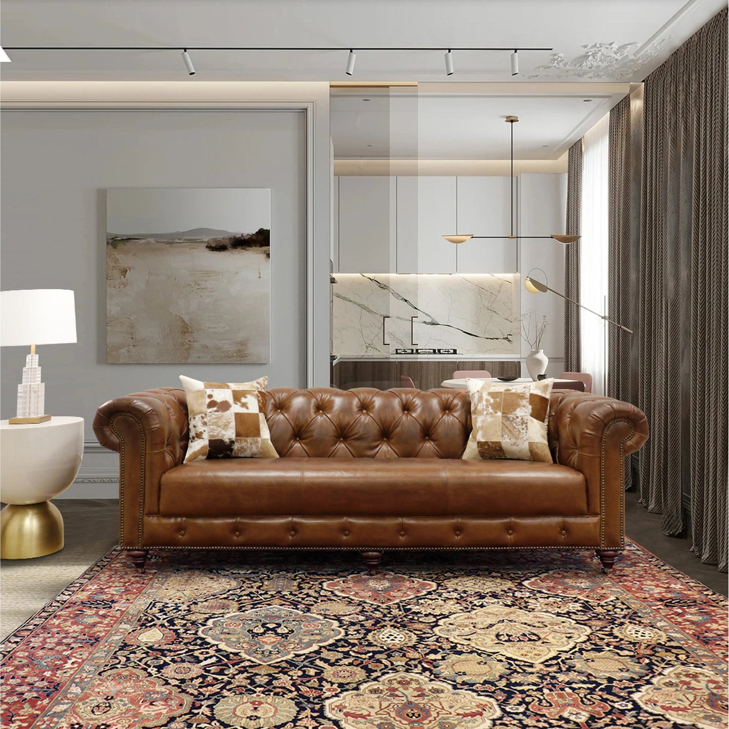 009 SI-2030354 | Lifestyle | Paris Club Chesterfield Sofa by Pasargad Home in brown. Made from top grain vintage cigar finish leather in a transitional style.