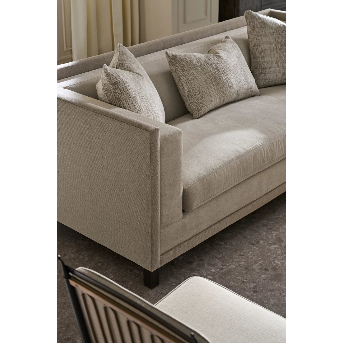 011 SI-2193909 | Closeup | Tuxedo Sofa by Caracole in brushed deep bronze. Made from unique in a unique style.