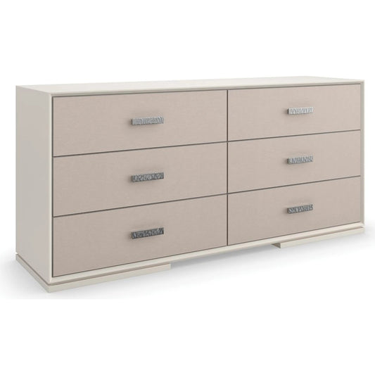 001 SI-2162860 | Primary Silo | Silver Lining Dresser by Caracole in silver and almond milk, brushed stainless. Made from poplar in a transitional style.