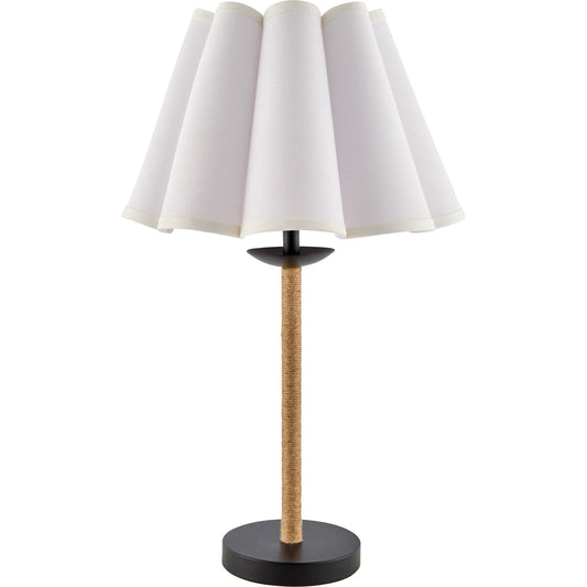 Dinnan Accent Table Lamp by Livabliss in body: wheat, black; base: black; shade (outside): cream; shade (inside): white; finial: black; harp: metallic - brass; cord: translucent and inlaid, painted. Made from rattan, iron, l