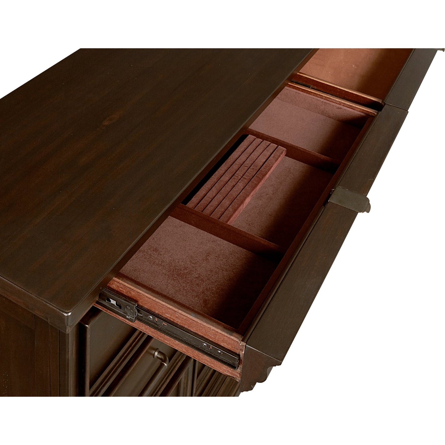 006 SI-2155451 | Closeup | Caldwell Dresser/Mirror by Pulaski Furniture in deep brown. Made from acacia veneers, asian hardwood in a traditional style.