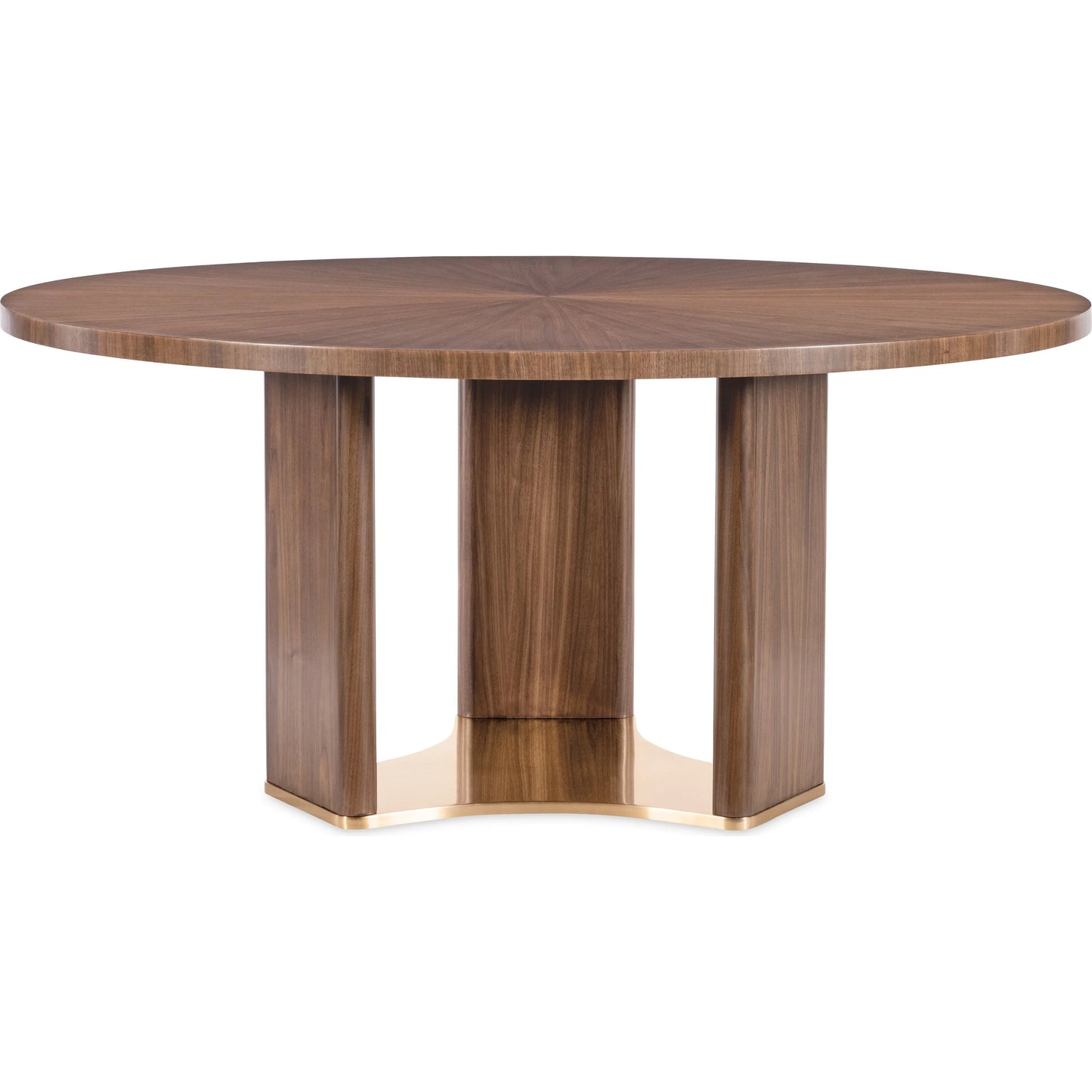 001 SI-2458561 | Primary Silo | Eleana Round Dining Table by Hooker Furniture in light caramel, sunlit bronze metal. Made from walnut veneers, metal in a modern style.