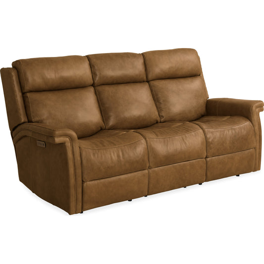 Poise Power Reclining Sofa by Hooker Furniture in venerando latte. Made from leather in a traditional style.