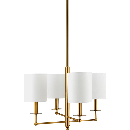 Dinant 4-Light Chandelier by Surya in metallic brass, white and electroplated. Made from iron, linen, plastic in a modern style.
