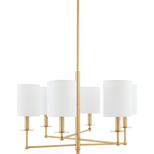 Dinant 6-Light Chandelier by Surya in metallic brass, white and electroplated. Made from iron, linen, plastic in a modern style.