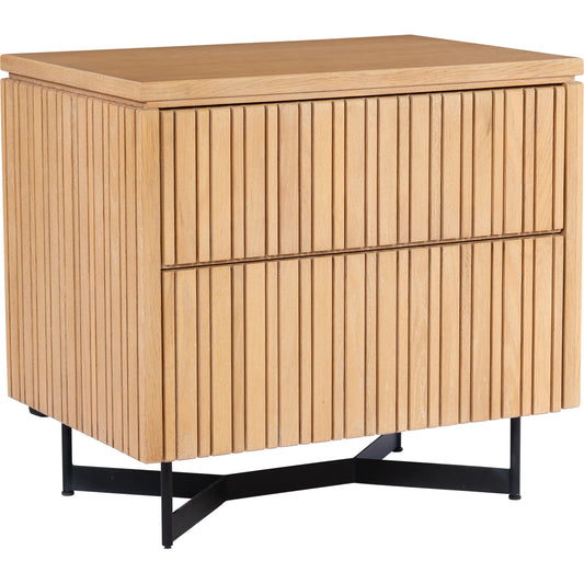 Indeo Nightstand by Currey and Company in washed oak. Made from white oak solids, veneers, iron in a modern style.