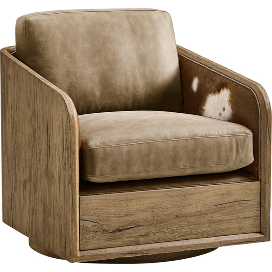 Stone Ridge Leather & Hide Swivel Occasional Chair by Jonathan Charles in tully light acacia. Made from acacia veneer in a cottage & farmhouse style.